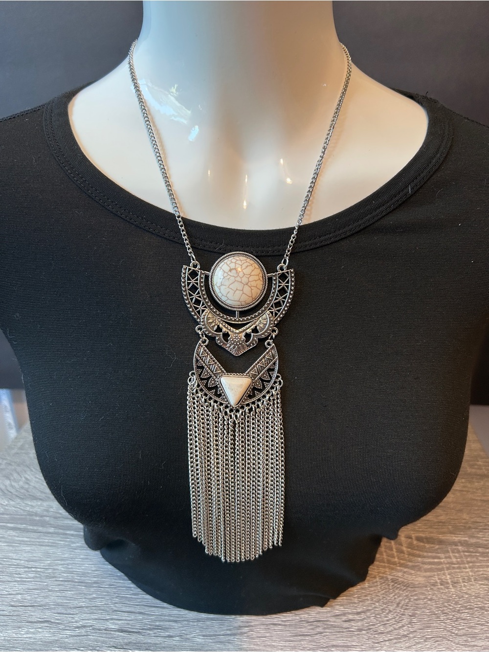 Silver-Tone Boho Fringe Necklace with White Stone Accent
